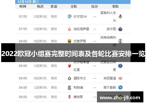 2022欧冠小组赛完整时间表及各轮比赛安排一览