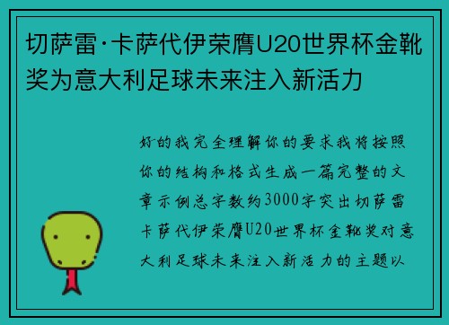 切萨雷·卡萨代伊荣膺U20世界杯金靴奖为意大利足球未来注入新活力